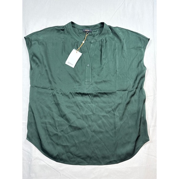 Quince Tops - Quince Women Silk Stretch Cap Sleeve Split Neck Blouse Hunter Green Large NWT